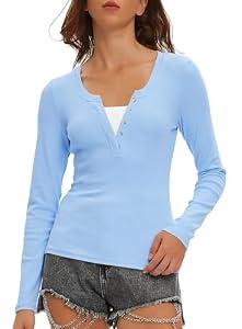 Beaully Women's Long Sleeve Crew Neck V Notch Ribbed Slim Fitted Casual Basic Top 6118 Light Blue Large