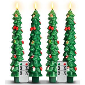 4Pcs Christmas Tree Flameless Taper Candles with Remote and Timer,LED Candles Battery Operated with Mini Ornaments,9.5" Real Wax Window Candlesticks with Flickering 3D Flame for Christmas Decoration (Green)