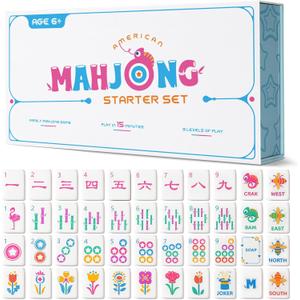 Mini Mahjong Set for Kids & Beginners, Portable Travel Mahjong Tiles Set American for Family, 160 Acrylic Mini Mahjong Tiles with Carrying Bag, Mat, Racks, Mah Jong Starter Kit for Ages 6+ (Blue)