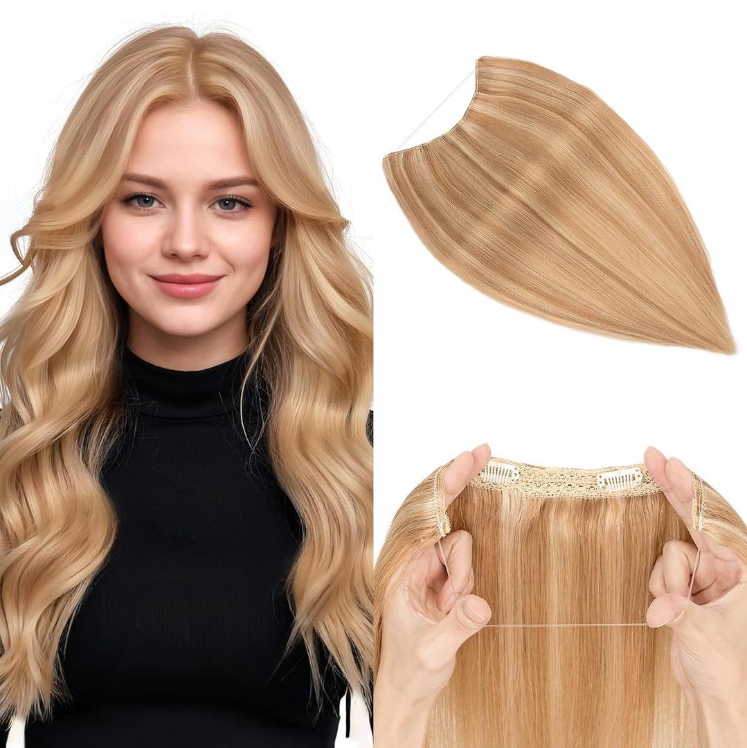 Halo Hair Extensions Real Human Hair, MY-LADY Adjustable Halo Extensions Real Human Hair, 16 inch Golden Brown mix Bleach Blonde Women's Long Straight Hair Invisible Wire Hair Extensions