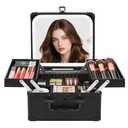 Chomeiu Makeup Bag with Mirror, Travel Train Case Large Cosmetic Organizer with 2 Trays and Vanity Mirror with LED Lights, Brush Holder Storage Box Suitcase for Nail Kits Cosmetics Craft, Black