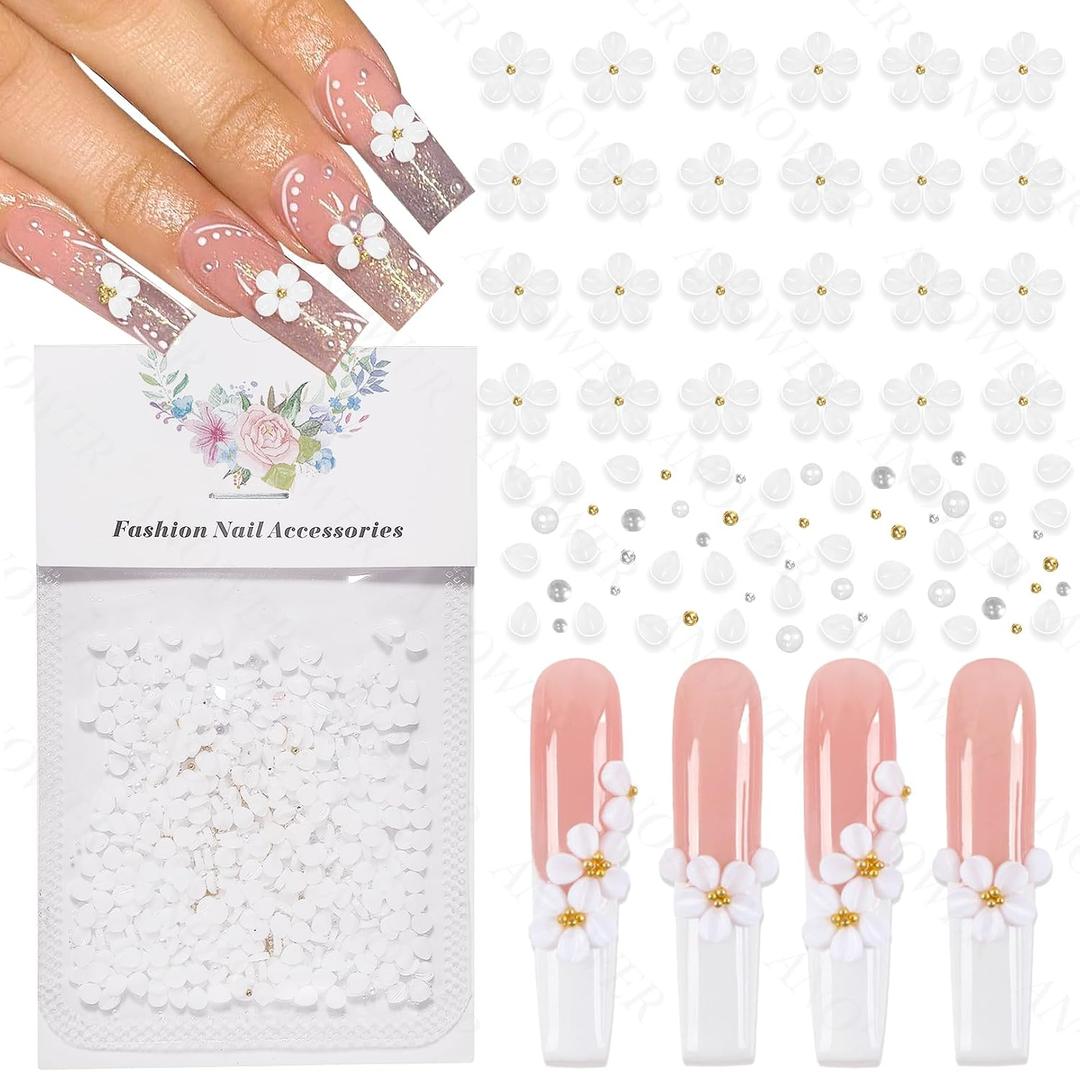 4 x 800 Pcs White 3D Flowers for Nails, 3D Acrylic Flowers Blossom Beads for Nail, Small Floral Petal with Pearls Rhinestone Charms for Nails Design