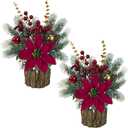 TORONTOKYO 2 Pack Small Christmas Tree Artificial Mini Tabletop Christmas Tree with Red Poinsettia Flower Berries Pine Cones Fake Potted Plant for Home Table Fireplace Mantel Indoor Xmas Decor (Red Green and Gold)