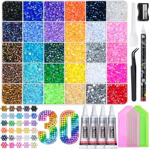 40000 Pcs Resin Jelly Rhinestones Kit, 30 Colors 3mm Flatback Rhinestones with 4 Pcs B7000 Jewelry Glue & Tools, All-in-One Bedazzling Kit for DIY Arts & Crafts Mothers Day Gifts