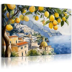 Lemon Tree Canvas Wall Art Beach Landscape Painting Italian Coastal Poster Vintage Lemon Artwork Italian Beach Picture Seaside Artwork for Walls Italy Amalfi Coast Wall Art for Room 16x24inch Framed