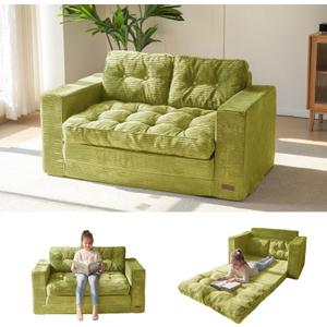 MAXYOYO Convertible Sofa Bed, Pull Out Loveseat Sleeper Sofa, 2 in 1 Folding Couch Bed, Fold Out Floor Couch with Pillows for Living Room Bedroom Lounge, Green