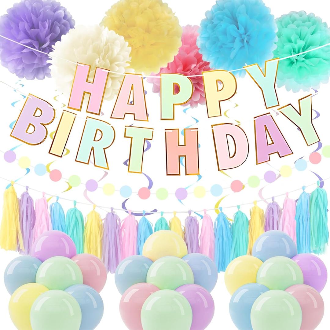 Macaron Pastel Happy Birthday Party Decorations for Women Girls with Happy Birthday Banner,Paper Tassel,Tissue Paper Pompoms, Hanging Swirl,Circle Garland, Pastel Balloons for Party Decor
