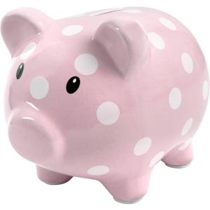 Baby Essentials Large Ceramic Piggy Bank for Boys and Girls, Kids Money and Coin Bank, Perfect Baby Nursery Dcor, Gift and Newborn Keepsake (Pink & White Polka Dot)