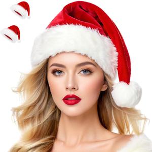 Christmas Hat Santa Hats for Adults Unisex Red Velvet Extra Thicken Xmas Hat for New Year Festive Holiday Party (Red - 2 Pack)