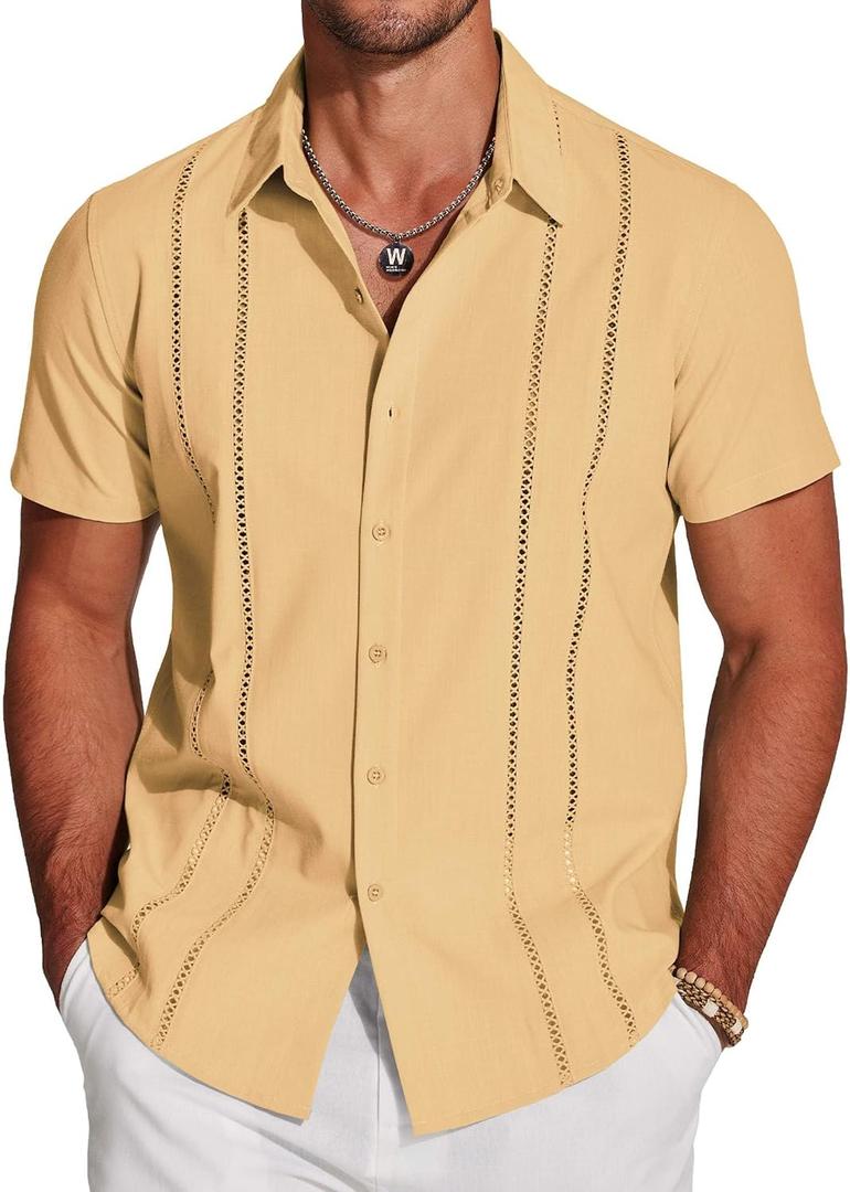 COOFANDY Men's Cuban Guayabera Shirt Short Sleeve Button Down Shirts Casual Summer Beach Linen Shirts (Yellow, XL)