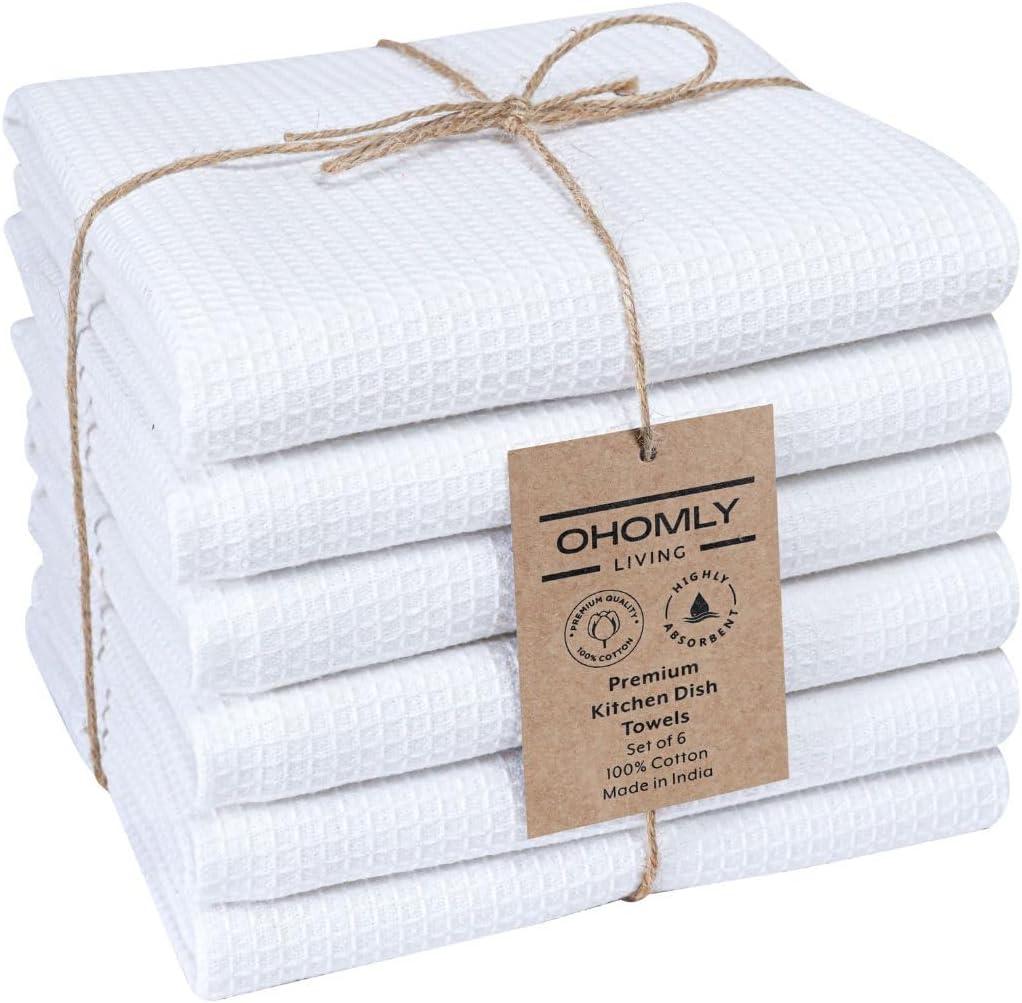 Waffle Kitchen Towels 100% Cotton Set of 6 - Heavy Duty 320 GSM Quality Dish Cloths - Soft Absorbent Washable for Kitchen Use - Quick Drying Dish Towel 16x26 inch White