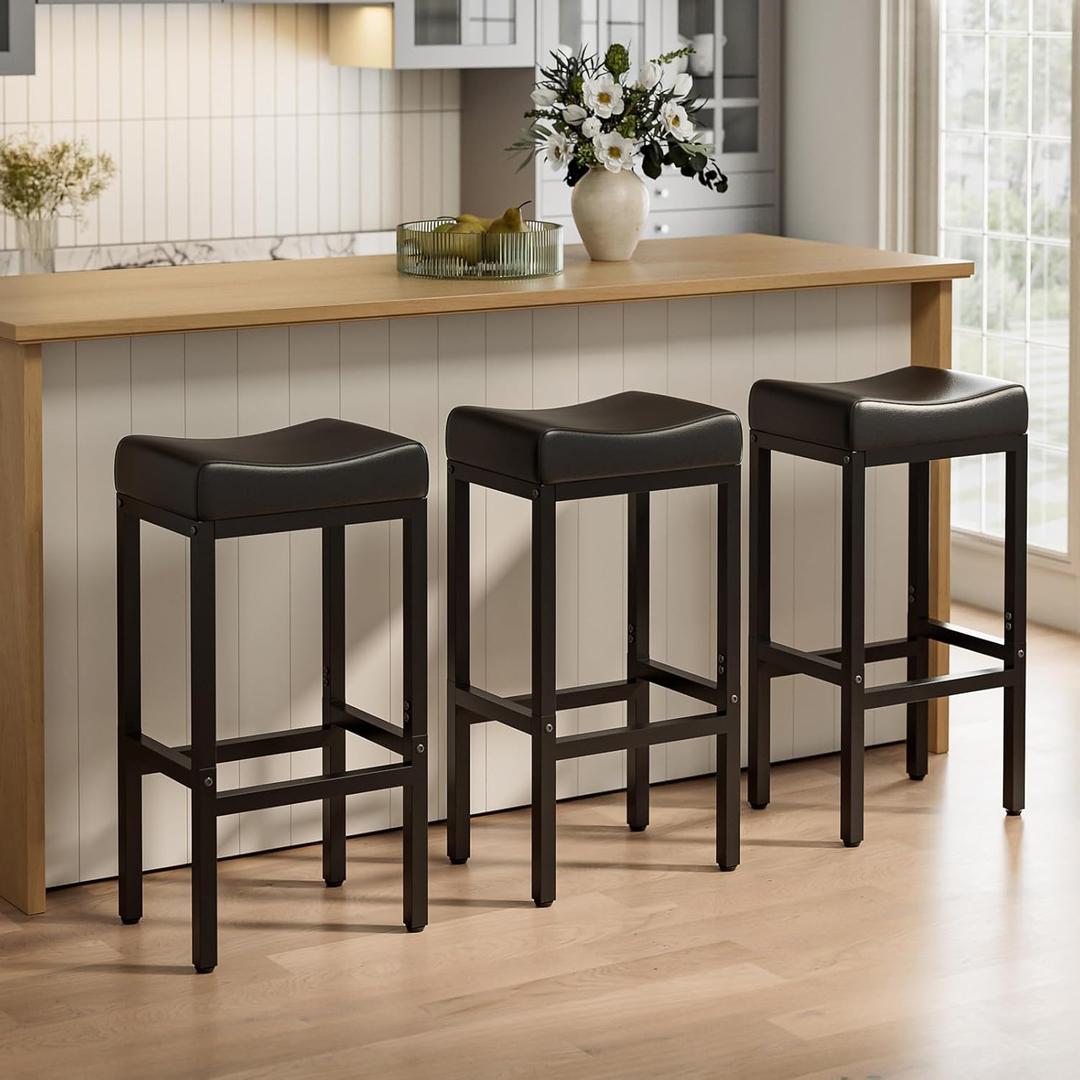 Bar Stools Set of 24 Inch of 3, Counter Height Chairs for Kitchen Island, Leather Seat with 400 LBS Heavy-Duty Metal Frame and Adjustable Feet, Easy to Assemble for Bar, Caf or Dining Room,Black