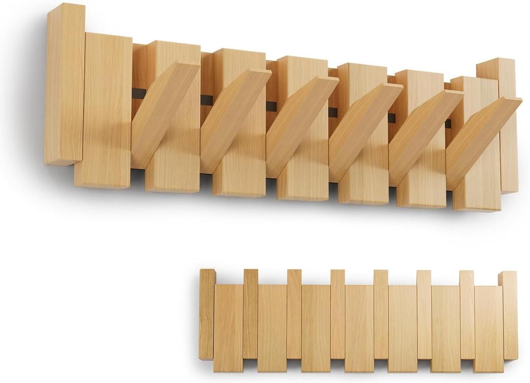 Wooden Coat Rack, Wall Mounted Handmade Natural Hook, Space-Saving Coat Hanger with 10 Flip-Down Hooks for Entryway, Bedroom, Bathroom Decoration (Beech C1, 6 Hooks)