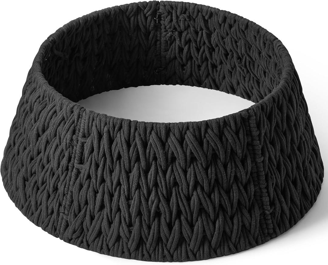 28in Woven Christmas Tree Collar, Chunky Cotton Rope Weave Skirt Basket - Elegant Beige Tree Base Cover for 6ft 7.5ft 9ft Artificial Trees - Holiday Decoration, Natural & Stable(Black)