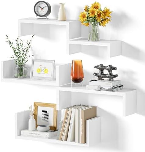 SRIWATANA Floating Shelves for Wall, Wall Shelves for Bathroom, Bedroom, Living Room, Kitchen, Office, Wood Shelves for Home Decor Set of 5 (Washed White)