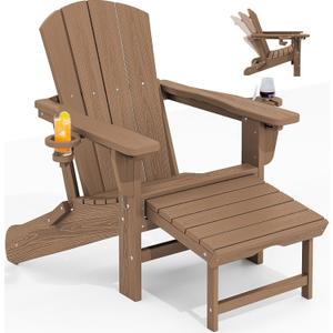 KINGYES Folding Adjustable Adirondack Chair with Retractable Ottoman, HDPE Weather Resistance Oversized Outdoor Chair with Cup Holder, Wood-Like Reclining Versatile Adirondack Chair, Brown (1 pc-Dual Cup Holders)