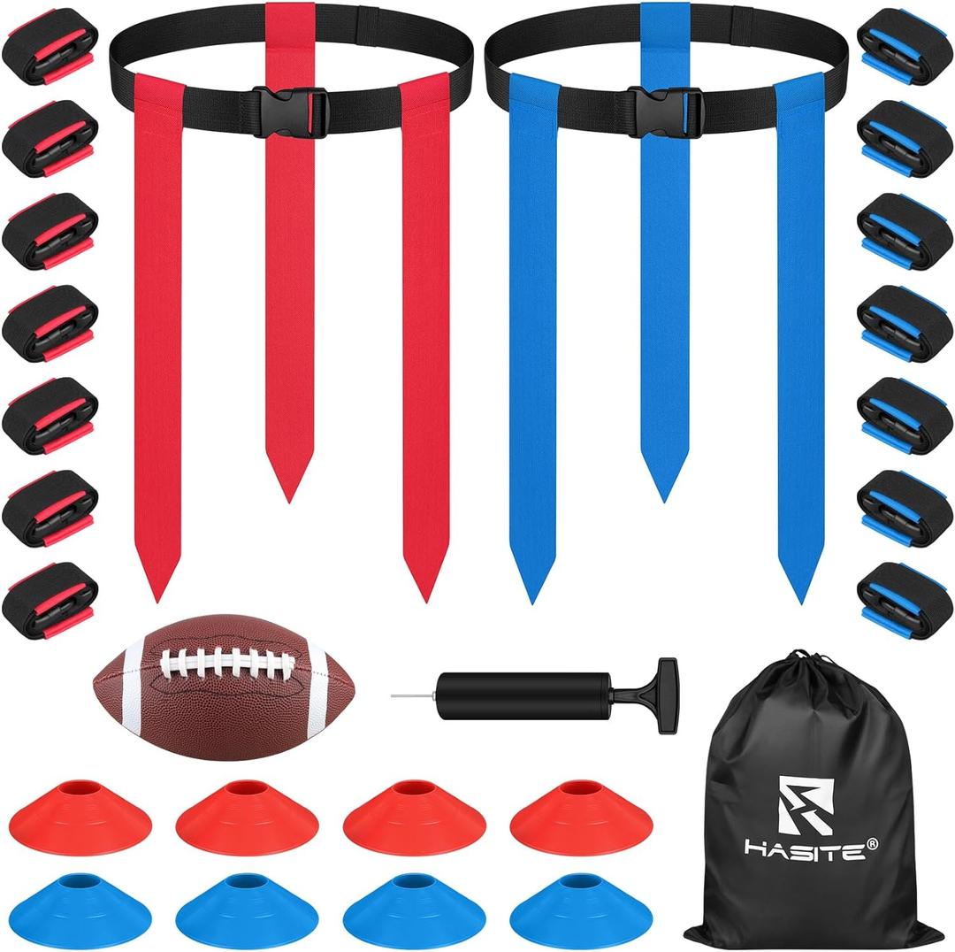 Flag Football Set, 14 Player Adjustable Flag Football Belts, 42 Flags, 8 Practice Cones, Size 3 Football, Pump and Bag, Perfect for Youth, Adults and Children to Capture The Flag