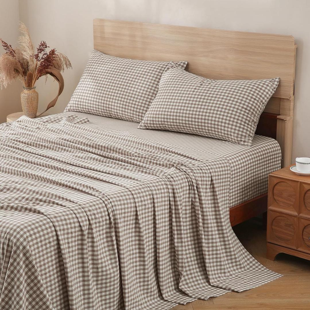 TOCOMOA Tan Gingham Sheets Bedding Set 100% Washed Cotton Like Linen Feel Breathable Soft Comfy 4-Piece Brown Plaid Checkered Bed Sheet Set with 17" Deep Pocket Cute Aesthetic, King