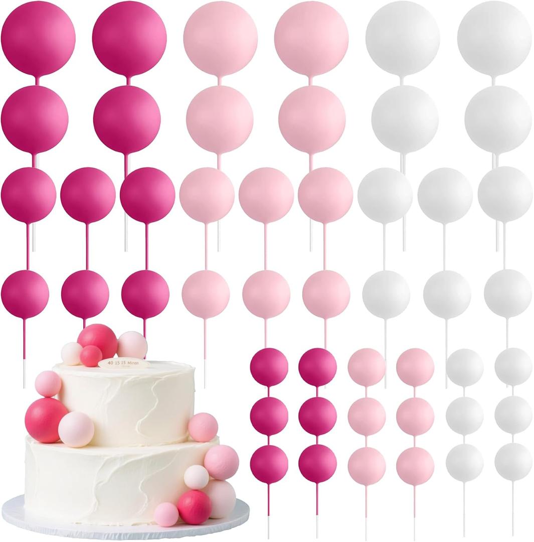 48Pcs Ball Cake Topper Decorations Mini Balloons Cake Toppers Sticks Foam Balls Cupcake Picks Decorating for Wedding Baby Shower Birthday Party Supplies (Pink, Rose Red, White)