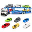 UFLJPKS Semi Truck Toys,Transporter Flatbed Truck with 6 Racing Cars, Double Decker Carrier Semi with Openable Doors & Lights & Sounds,Toddler Boy Toys Gift for for 3 4 5 6 7 Boys Girls (Cars)