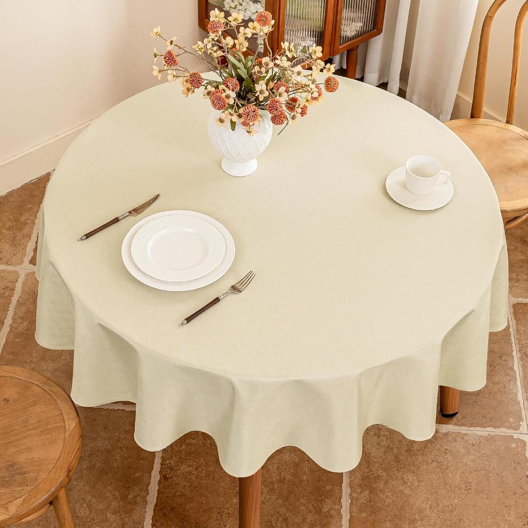 Seenus Beige Fabric 60 Inch Round Table Cloth Faux Linen Textured Water Resistant & Wipeable Circle Tablecloth Anti-Scratch for Dinning Kitchen Patio