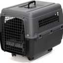SportPet Airline Compliant MEDIUM 26.5" Travel Dog Kennel-Durable Plastic Airline Pet Carrier w/ Removable Wheels & Food Bowls, Collapsible Indoor/Outdoor Dog Kennel, Dogs up to 23"L & 15"H-Dark Gray