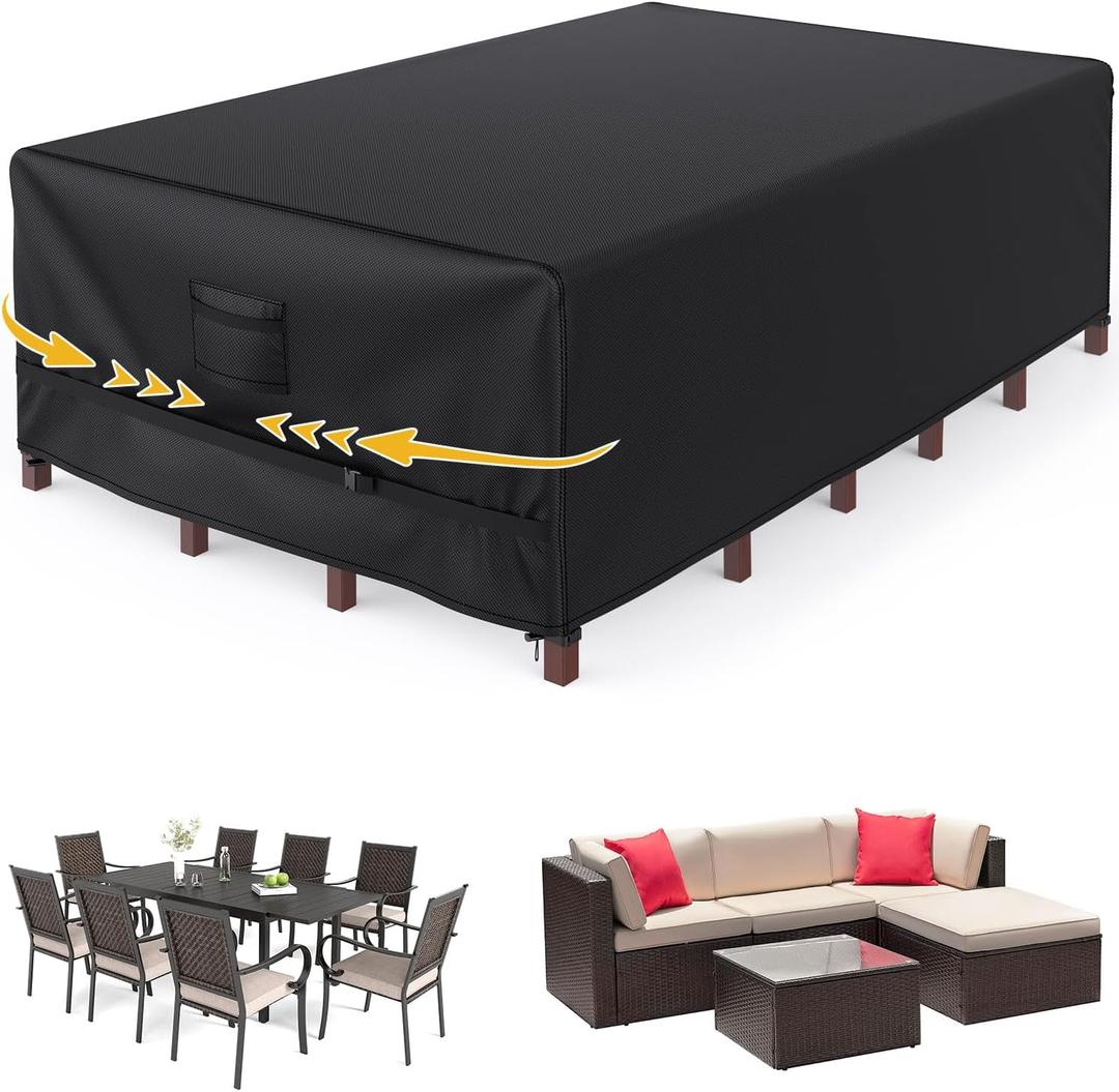 Patio Furniture Covers, Gorpche Outdoor Furniture Covers Waterproof, 108"L 82"W 28"H Tear-Resistant Patio Table and Chair Set Cover with Upgraded Fastener Windproof Buckle Straps, Heavy Duty, Black
