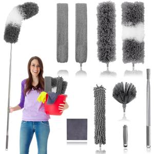 Dusters for Cleaning,9Pcs Feather Duster with Extension Pole Up to 100'', Bendable Extendable Long Feather Duster for Cleaning Fan, High Ceiling, Blinds, Furniture, Cars
