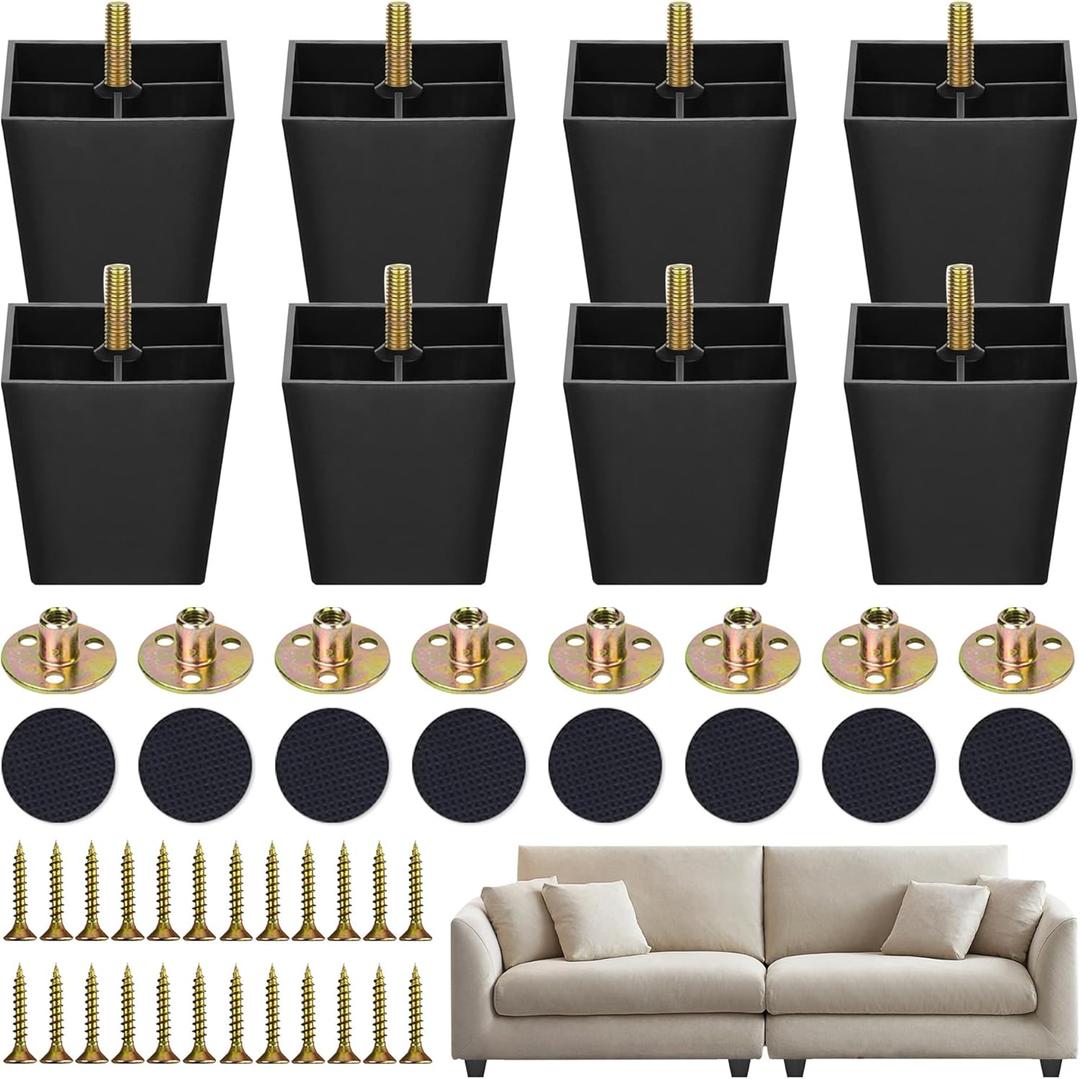 8 Pack 3 Inch Furniture Replacement Legs,Square Tapered Feet Sofa Legs with T-Nuts Screws for Legs Sofas,Chairs,Cabinets,Dressers,Beds,Black (8, 3 inch)