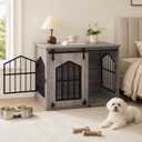 MAHANCRIS Dog Crate Furniture, 31.5" Farmhouse Dog Kennel with Sliding Barn Door, Wooden Dog Cage for Small Medium Dogs, Decorative Pet House Side End Table, Chew-Resistant, Greige DCHG9601