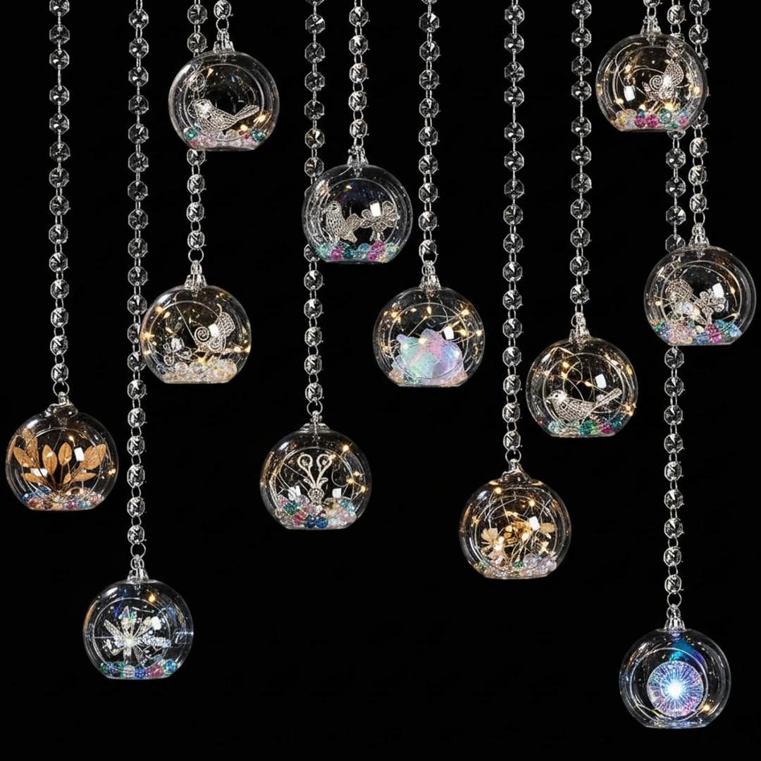 GlikCeil 3.15'' Hanging Glass Tea Light Candle Holder Globe and Clear K9 Crystal Garland Strands, Hanging Glass Terrarium Containers for Christmas Tree Wedding Party Tree Decoration