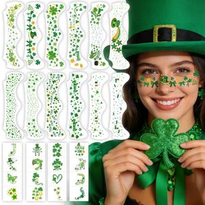 28 PCS St Patricks Day Glitter Face Temporary Tattoos, Gold Green Freckles Shamrocks Irish Flag Leprechauns Hats Face Patches Stickers for Adult Women Teen Kid, St. Patricks Day Makeup Accessories