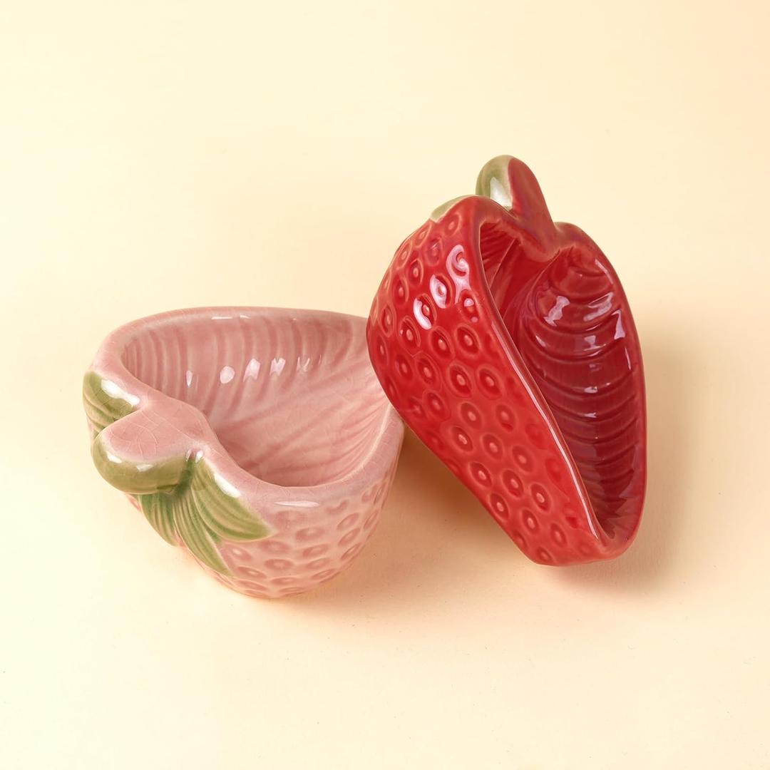 Hamtser Food Bowl,2 Packs Strawberry Hamster Bowls,Ceramic Feeding Bowl,Food Dish for Small Animals Gerbil Dwarf Hamster Rat Mice Guinea Pig(Pink+Red)