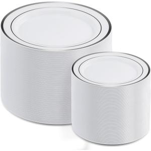 AOZITA 200Pcs Silver Plastic Plates, Disposable Plastic Party Plates for Party, Wedding and Birthday