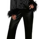Nicoxijia Women's Feather Trim Silk Pajamas Set Long Sleeve Button Down Sleepwear Bridal Shirt Pants 2 Piece Pjs Lounge Sets (Black, M, 7)