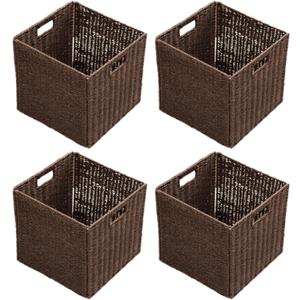 Handwoven Paper Woven Cube Basket Organizer with Handles set of 4 Foldable Storage baskets for Bedroom Living Room Cubby Storage Units for Clothes Books Toys (Brown, 13" L x 13" W x 13" H)