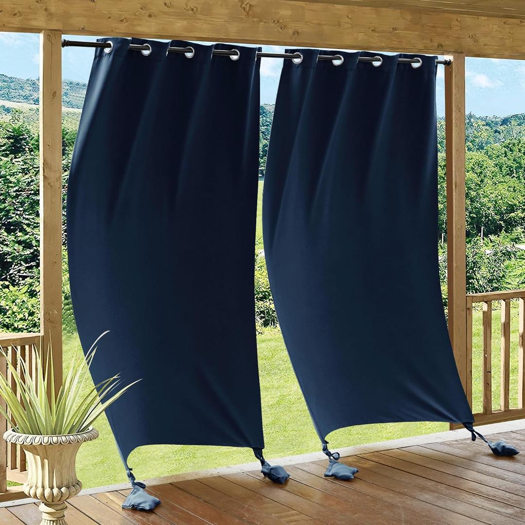 RYB HOME Outdoor Curtains for Patio Windproof with Weighted Bags, Waterproof Blackout Draperies for Outside Living Screen Porch Balcony Gazebo Sunroom Pool, W 52" x L 84", Navy Blue, 2 Panels