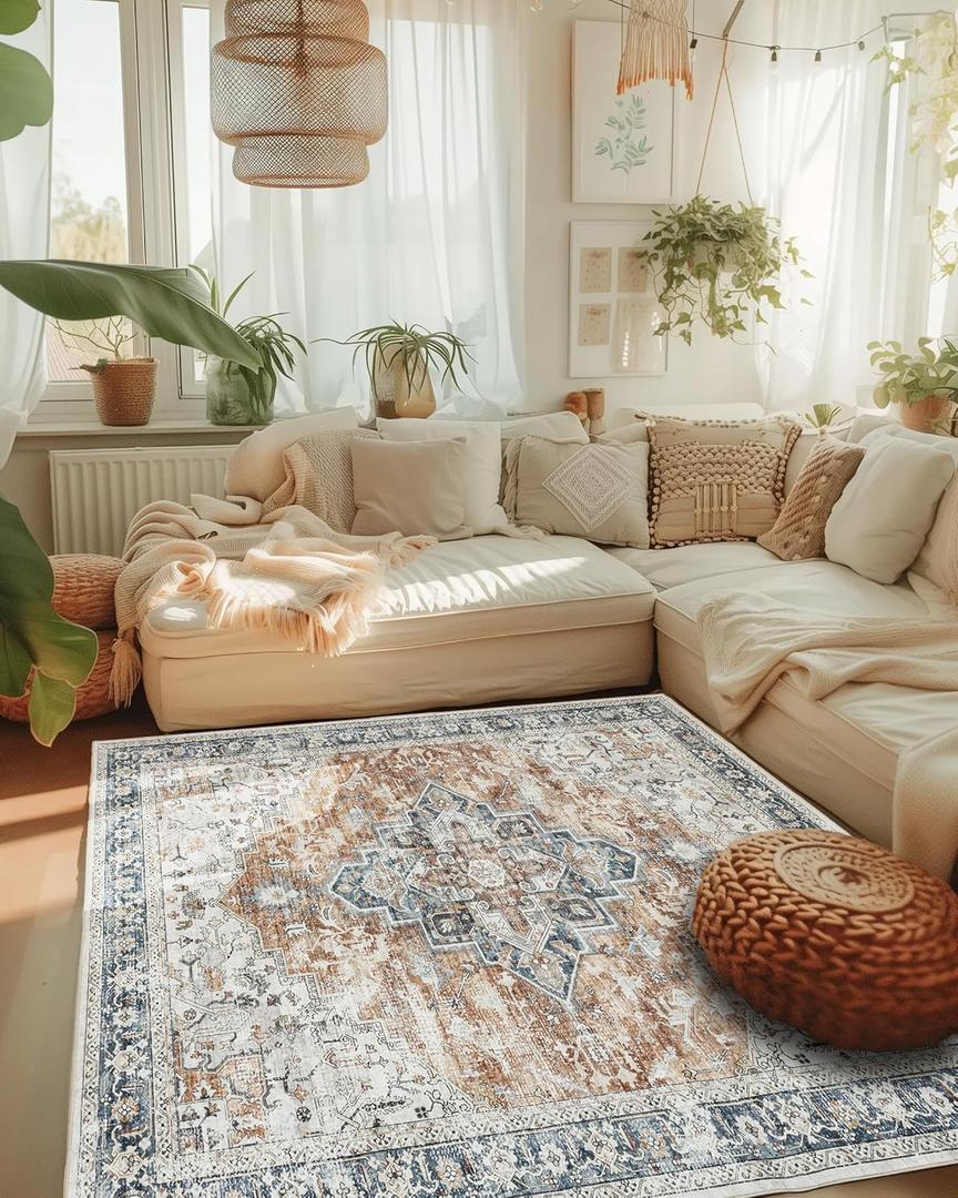 Freyja 5x7 Area Rugs for Living Room, Vintage Distressed Soft Washable Rugs for Bedroom Dining Room Kitchen, Foldable Thin Non Slip Floral Print Mat Home Decor Aesthetic (Orange Blue)