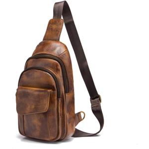 Le'aokuu Men Outdoor Casual Travel Hiking Tea Crossbody Chest Sling Bag Rig One Shoulder Strap Bag Backpack Men Leather (E 8013 Gold)