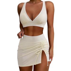 SUUKSESS Women High Waisted Bikini Sets with Skirt Sexy Crisscross Back Swimsuit (Beige, L)
