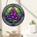 Stained Glass Window Hanging Suncatcher, 8" Round Celtic Knot Sun Catcher, Purple and Green Decorative Glass Art for Home Garden, Gift for Women Mom Gradma