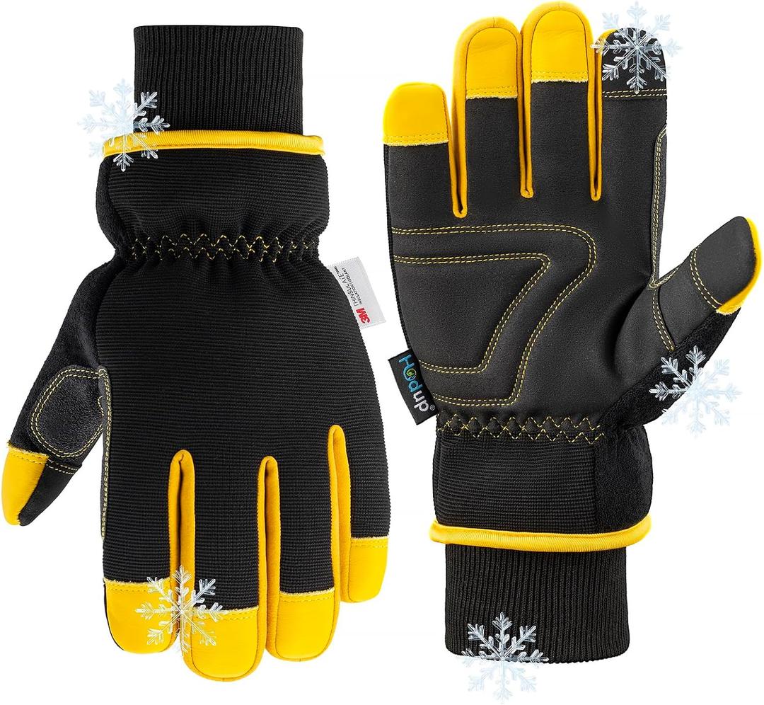 Insulated Synthetic Leather Winter Work Gloves - 3M Thinsulate, Fleece-Lined, Water-Resistant (Large, Yellow/Black)