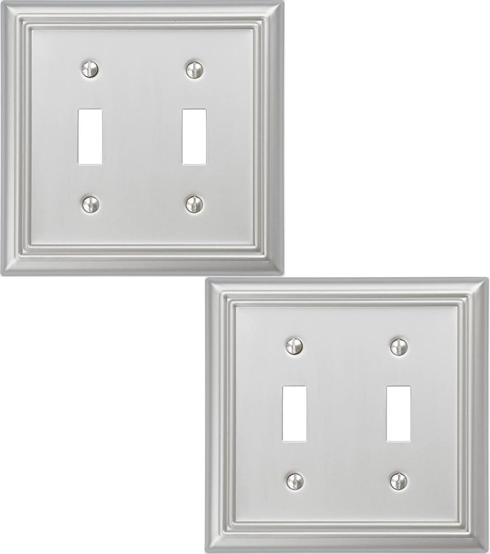 Double Toggle Light Switch Cover Adler Metal Wall Plate, 2-Pack Brushed Nickel 2 Gang, Light Switch Cover Decorative Wallplate, Durable