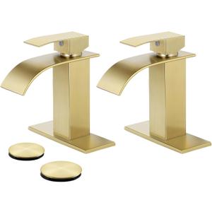 Bathroom Faucets Brushed Gold Waterfall Bathroom Sink Faucet Modern Single Handle Bathroom Faucet for 1 or 3 Hole Mxier Tap Washbasin Faucet with Deck, Pop-up Drain and Supply Hoses 2 Pack