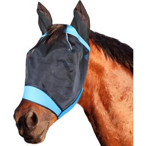 Fly Masks for Horses Equestrian Horse Supplies Horse Fly Mask with Ear Breathable Fine Mesh for Eye Protection from Insect Pests and UV Protection, Adjustable Fit for Comfort (Blue, Large)