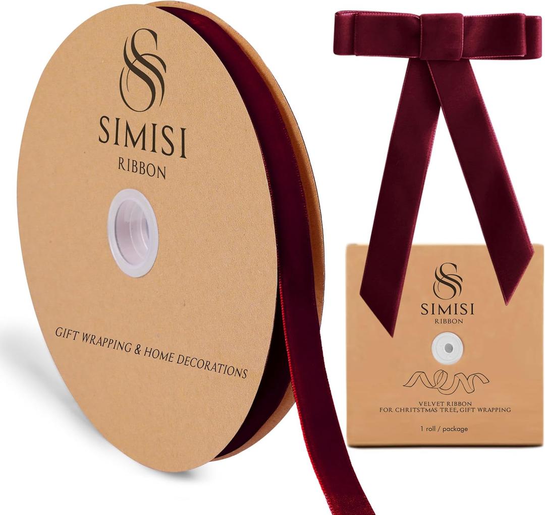 Burgundy Velvet Ribbon 5/8'' 25 Yards for Christmas Tree, Gift Wrapping, Flower Bouquet, Wreath Decorations, Bow Making (0.625 x 900 in)