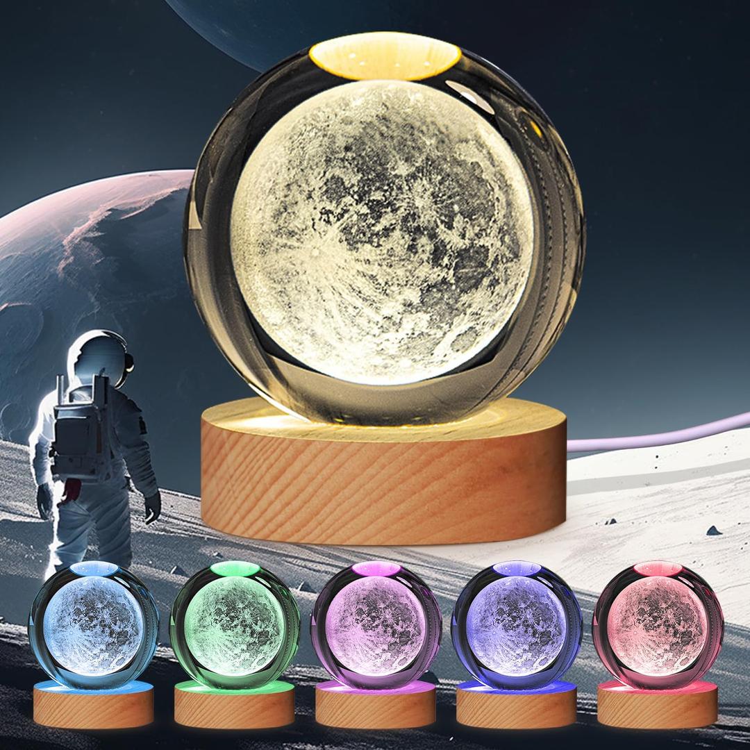 3D Solar System Crystal Ball Moon Night Light,3.15 inch 7 Color Changing for Bedroom Decor Lamp,Christmas BirthdayGifts for Kids,Boys,Girls,Teens, 5 Pc