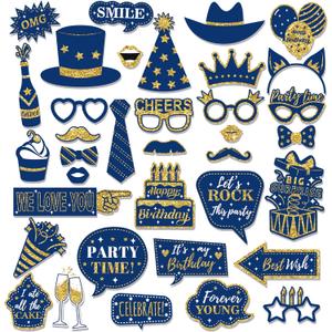 CC HOME 36Pcs Blue Happy Birthday Photo Booth Props, Glitter Birthday Party Decorations, Letter Print Card Material, Perfect for Forever Young Cheers Party Time