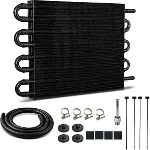 Transmission Oil Cooler, 8 Pass Tube and Fin Cooler Kit, 5/16 Universal Aluminium Oil Cooler Kit with Hose Mounting (Black)