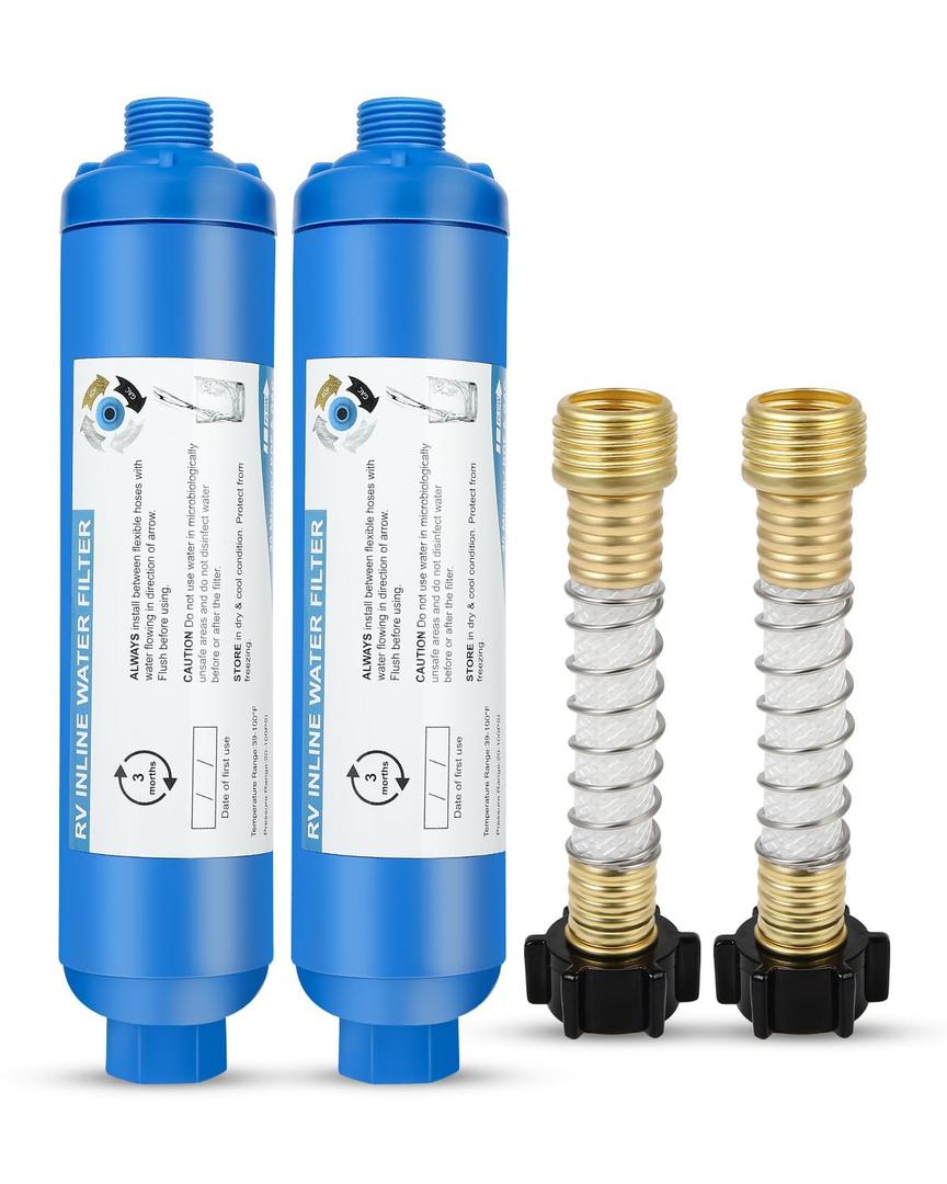 RV Inline Water Filter with 2 Flexible Hose Protector, Reduces Chlorine, Bad Taste, Corrosion, Rust, Sediments and Turbidity, Ideal for RVs, Garden, Gardening, Car Washing, Planting, 2 Pack